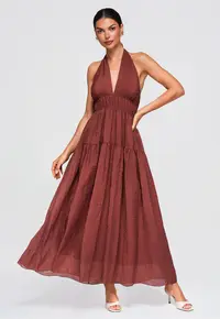 Rochie maxi eleganta cu decolteu in V si spate descoperit OW-DLR-E0001 - Maro