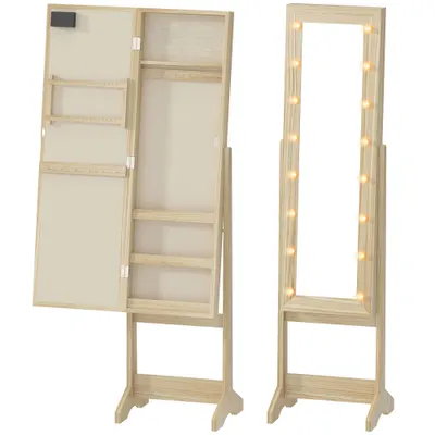 HOMCOM Oglindă Joyero cu Lumini LED Dulap pentru Bijuterii Dulap Joyero de Podea cu Oglindă Integrală Unghi Reglabil Lemn Natural | Aosom Romania