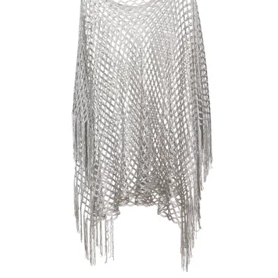 Poncho argintiu cu design fluid si franjuri