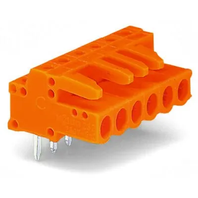 THT female header; 0.6 x 1.0 mm solder pin; angled; Pin spacing 5.08 mm; 3-pole; orange