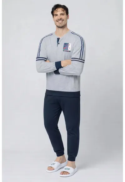 Pijama cu fenta cu nasturi si detaliu logo - Gri