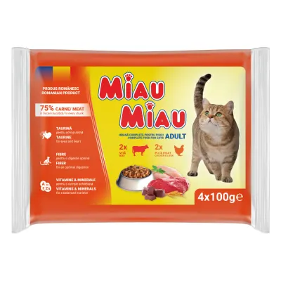 MIAU MIAU Mixt, Vită și Pui, plic hrană umedă pisici, (în sos), multipack, 100g x 4buc