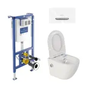 Set vas wc suspendat cu functie bideu, cu capac softclose si rezervor incastrat Villeroy Boch cu clapeta alba