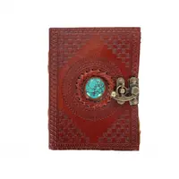 Jurnal vintage, 17.5x12.5cm, piele naturala, piatra verde, Krashell, rosu