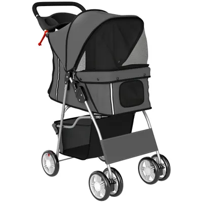 PawHut Cărucior pliabil pentru câini, cărucior cu bandă reflectorizantă, coș de depozitare, pernă pentru câini mici până la 10 kg 77x44x102 cm gri închis | Aosom Romania