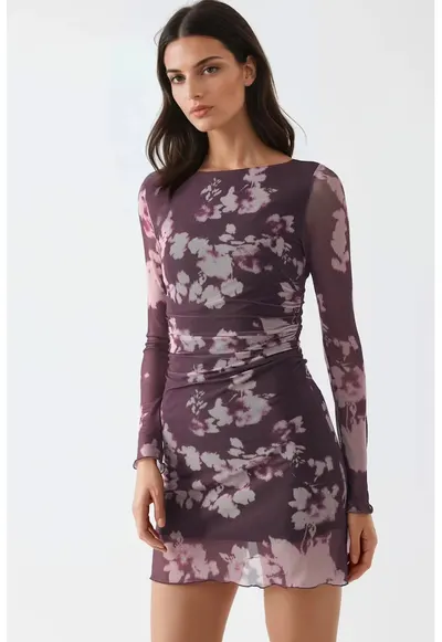 Rochie Mini Floral - Maneci Lungi - Mov - Jerseu