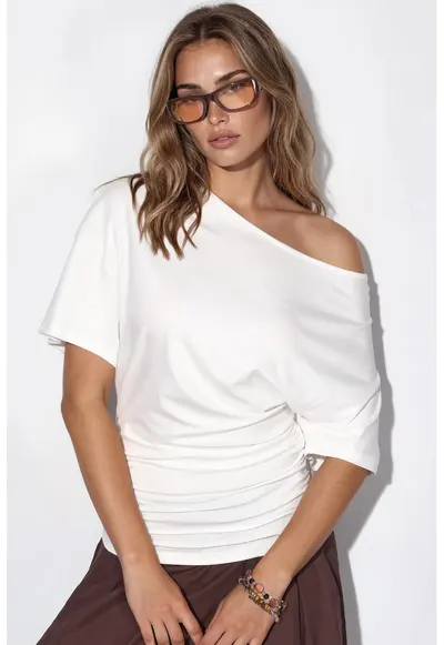 Bluza casual - alb - din jerseu cu decolteu barcuta - maneci scurte - fara inchidere