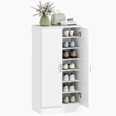 HOMCOM Raft de pantofi cu balamale Soft-Close, rafturi reglabile, dulap de 6 nivele pentru hol, intrare, pentru 14 perechi, 55 x 35 x 108 cm, placaj, Alb | Aosom Romania