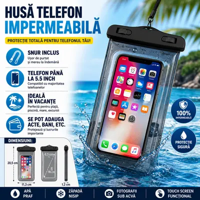 Husa impermeabila pentru telefon, pentru piscina, inot, plaja, Pana la 5.5 Inch
