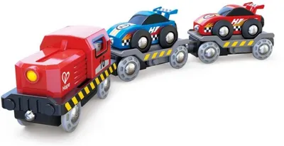 Jucarie din lemn Hape - Tren cu transportor auto si 2 masini