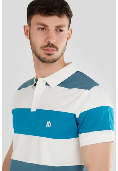 Tricou polo regular fit cu model in dungi - Alb/Albastru