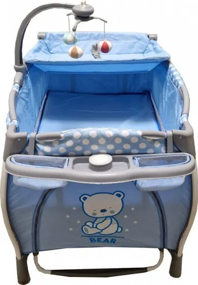 Patut pentru copii Baby Care PRO FRW Albastru Pliabil, cu Balansoar, 2 Nivele de inaltime, Melodii, Masa infasat, Carusel cu jucarii din plus, Plasa insecte