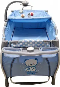 Patut pentru copii Baby Care PRO FRW Albastru Pliabil, cu Balansoar, 2 Nivele de inaltime, Melodii, Masa infasat, Carusel cu jucarii din plus, Plasa insecte