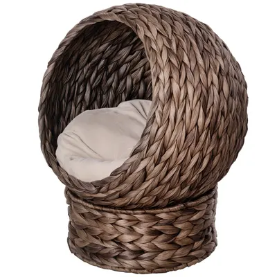 PawHut Coș pentru Pisici din Trestie de Mare cu Pernă, Pat pentru Pisică, Pat pentru Animale de Companie, 50 cm x 42 cm x 60 cm, Maro + Bej | Aosom Romania