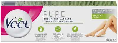 Veet Pure Cremă depilatoare pentru corp și picioare pentru piele uscată, 100 ml