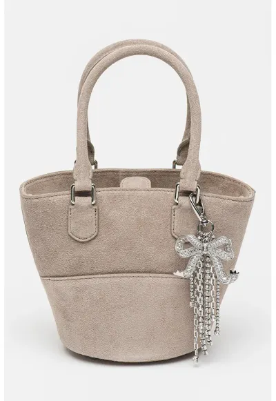 Geanta bucket din piele intoarsa cu talisman cu cristal - Grej