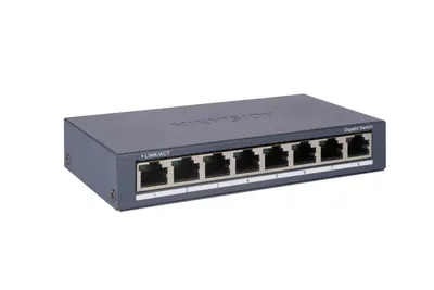 Switch Hikvision DS-3E0508-O: 8 × Gigabit RJ45 port maxim 3W, tensiune alimentare: 5VDC, 0.6A, dimensiuni: 145.00 mm × 25.60 mm