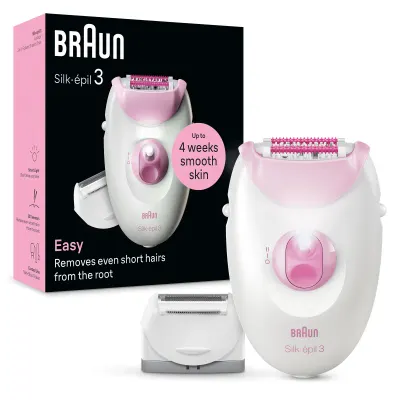 Epilator Braun Silk-épil 3 3-031, MicroGrip, Smart Light, 20 de pensete, Cap de ras + Pieptene, 2 viteze, Roz