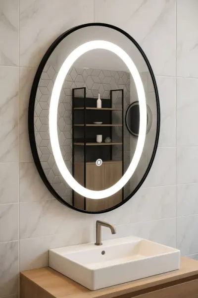 Oglinda cu iluminare LED si intrerupator touch, MD6, rama neagra, 50x70 cm