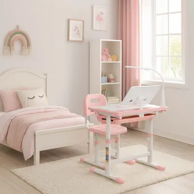 Birou cu scaunel pentru copii pink, inaltime reglabila, constructie durabila, lampa led detasabila cu 3 moduri de iluminare