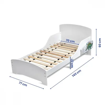 Pat copii cu protectie laterala si raft depozitare carti si jucarii model Dinozaur 3-8 ani din lemn MDF alb
