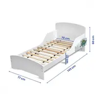 Pat copii cu protectie laterala si raft depozitare carti si jucarii model Dinozaur 3-8 ani din lemn MDF alb
