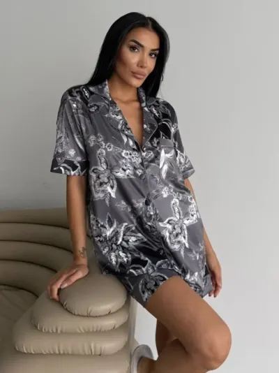 Set pijama dama din doua piese, cu nasturi – 2500099, Gri Floral