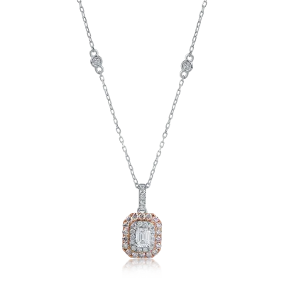Lant cu pandantiv din aur alb-roz cu diamante roz emerald si rotunde de 0.7ct si diamante transparente de 0.18ct
