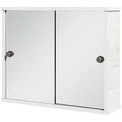 kleankin Dulap cu Oglindă de Perete cu Poliță Reglabilă și Ușă Glisantă Dublă pentru Lavoar 55x15x45 cm Alb Lucios | Aosom Romania