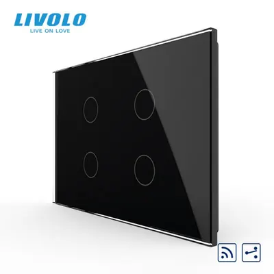 Intrerupator cvadruplu, standard italian, cap scara / cap cruce, control telecomanda RF, cu panou sticla, 3M Negru