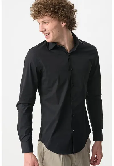 Camasa slim fit din amestec de bumbac - Negru