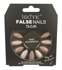 Set 24 Unghii False cu adeziv inclus Technic False Nails, Stiletto, Nude Holographic