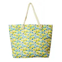 Geanta de plaja din material textil, cu model mediteranean cu lamai si fluturi