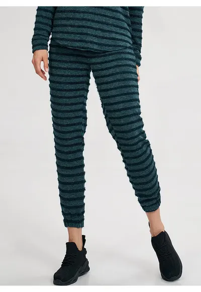 Pantaloni dama M813 - verzi - talie elastica - din poliester/elastan/viscoza - cu dungi
