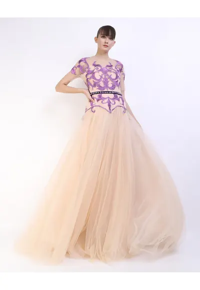 Rochie maxi din tul cu dantela Tatiana - Bej
