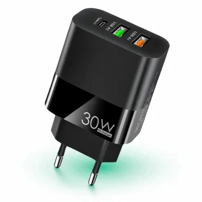 Incarcator Retea Timebox, 3 Porturi, 30W, 1 x Type-C, 2 x USB, LED, Negru - Default Title