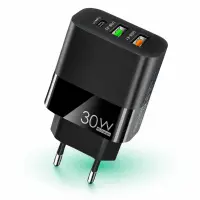 Incarcator Retea Timebox, 3 Porturi, 30W, 1 x Type-C, 2 x USB, LED, Negru - Default Title