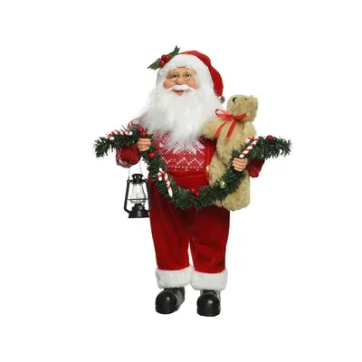 Figurina decorativa - Santa Red with Garland and Teddy Bear, 30 cm