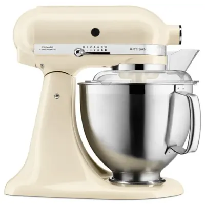 Mixer profesional KitchenAid Artisan Elegance 5KSM185PSEAC, 4.8 l/ 3 l, 300 W, Carlig aluat, Batator 6 fire (Crem)