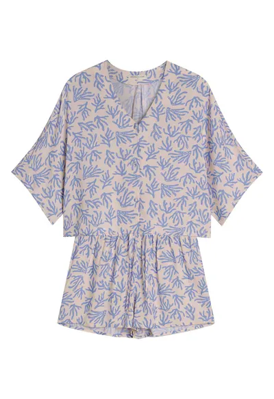 Pijama dama albastru aprins - imprimeu floral - maneca trei sferturi - scurta - viscoza