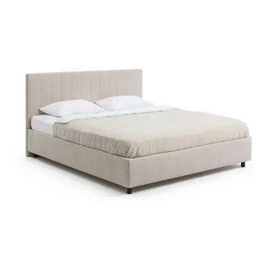 Pat matrimonial bej tapițat cu spațiu de depozitare cu somieră 160x200 cm Myra Slim Line – Bonami Selection