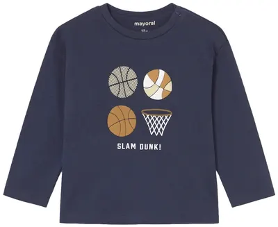 Tricou cu mânecă lungă Mayoral - Imprimeu de baschet, albastru închis, 12 luni