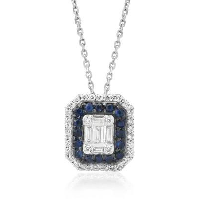 Lant cu pandantiv din aur alb cu diamante baguette si rotunde de 0.74ct si safire de 0.222ct
