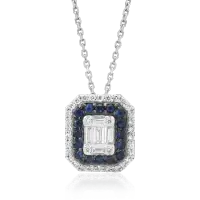 Lant cu pandantiv din aur alb cu diamante baguette si rotunde de 0.74ct si safire de 0.222ct