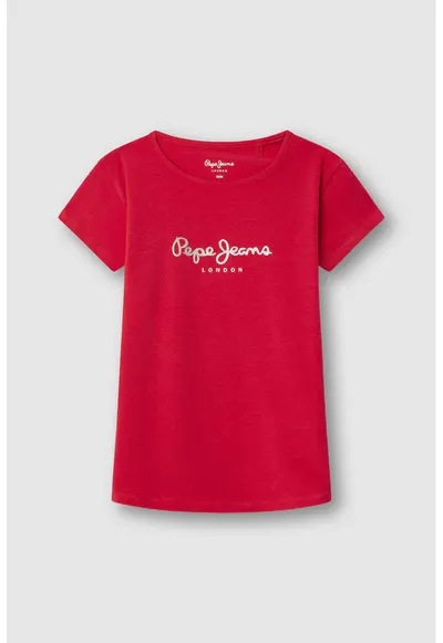 Tricou cu decolteu la baza gatului si logo stralucitor - Gri deschis/Rosu vermillion