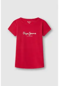 Tricou cu decolteu la baza gatului si logo stralucitor - Gri deschis/Rosu vermillion