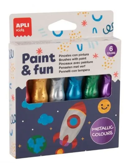 Vopsele tempera Apli - 6 culori metalice, cu pensulă