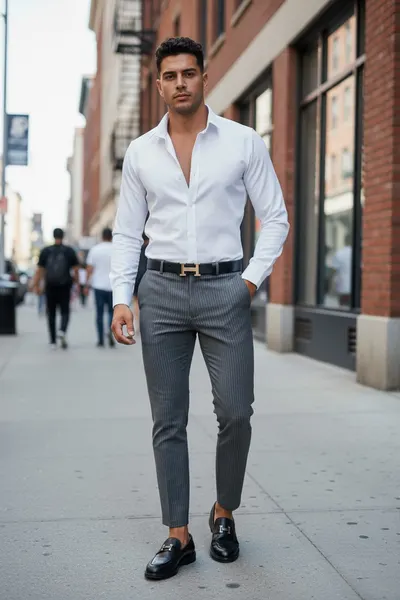 Pantaloni barbati eleganti gri cu dungi 13543