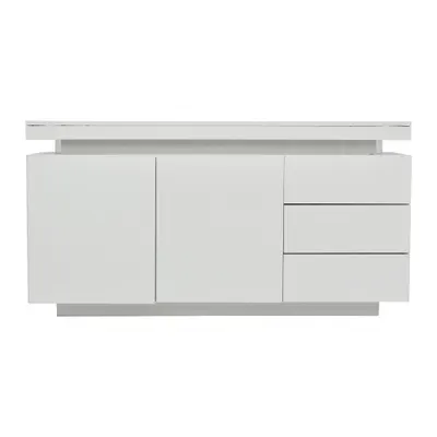 Comodă modernă cu finisaj lucios, fronturi fără mânere, 2 uși și 3 sertare, 140x35x72,5 cm, Alb