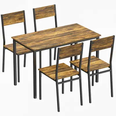 HOMCOM Set masă sufragerie cu 4 scaune, masă de bucătărie pentru 4 persoane, picioare din metal, maro rustic | Aosom Romania